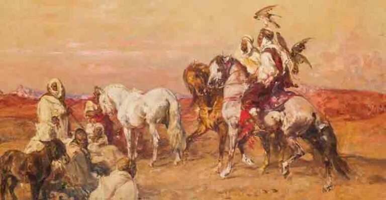 Peinture à l'huile sur toile représentant des cavaliers nord-africains